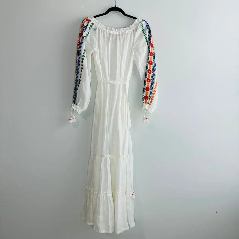 Tory Burch Embroidered Split Neck Long Sleeve Peasant Dress belted Women's Small
